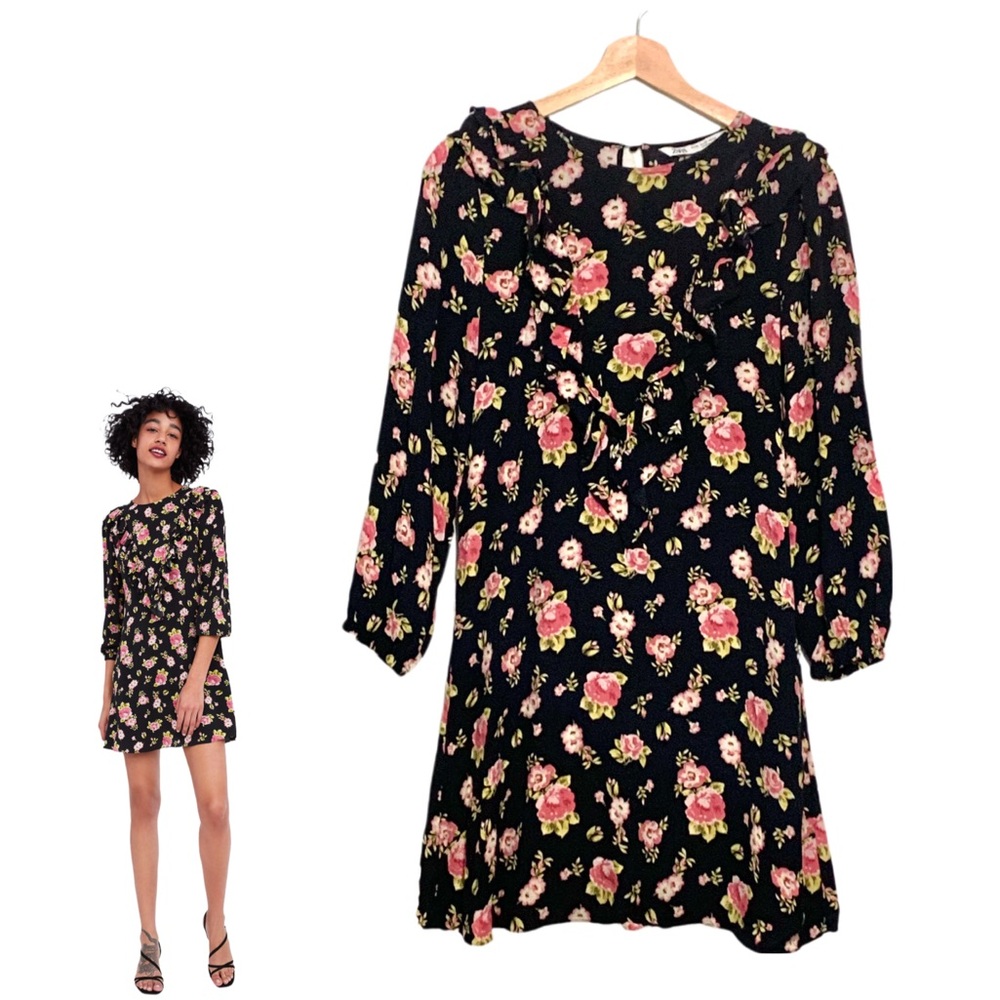Zara Black Floral Long Sleeve Mini Dress Size XS Summer Feminine Casual Dress